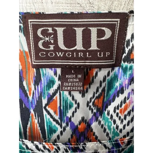 Cowgirl Up Womens Colorful Southwestern Aztec Print Blouse Large Blue Orange - Picture 4 of 7